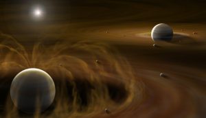 ガス惑星の周りのガス円盤で衛星が形成されている様子のイメージ図