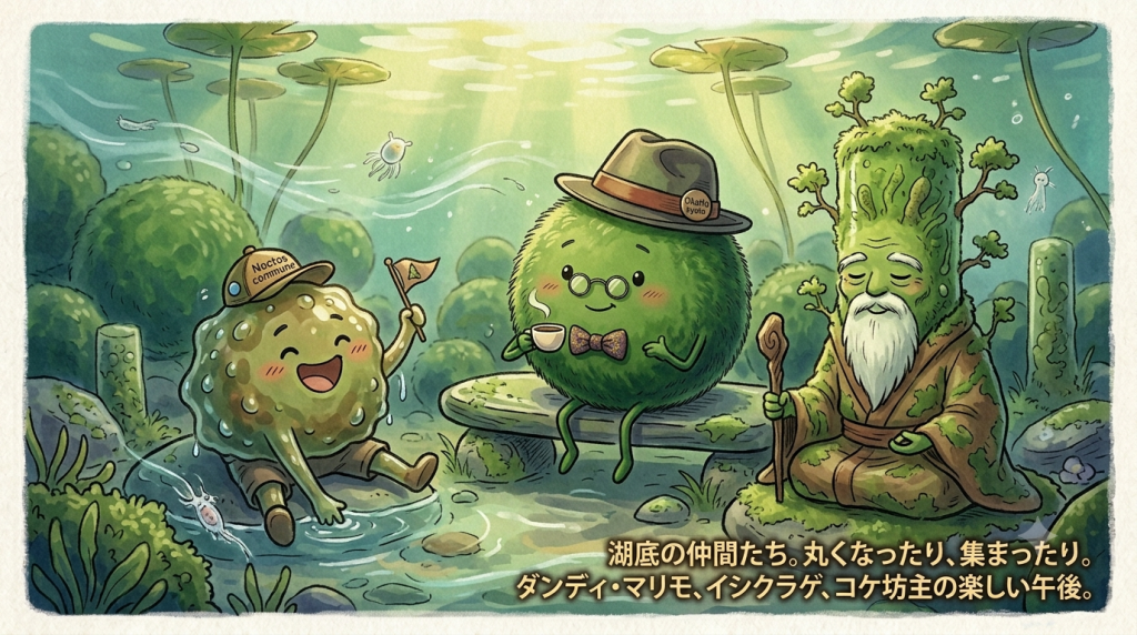 湖底で楽しく佇むマリモ、イシクラゲ、コケ坊主（生成AIで作成したイメージ画像）