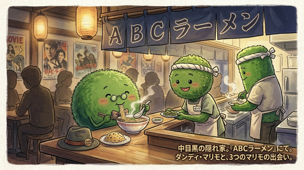ラーメンを食べるダンディ・マリモ